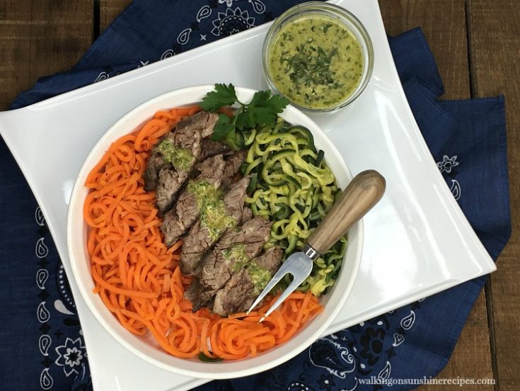 Grilled Steak and Zucchini Carrot Veggie Spirals with Homemade Chimichurri Sauce
