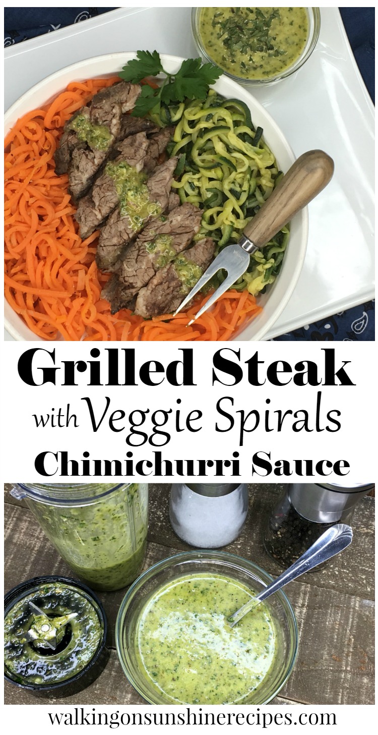 Grilled Steak with Veggie Spirals with chimichurri sauce.