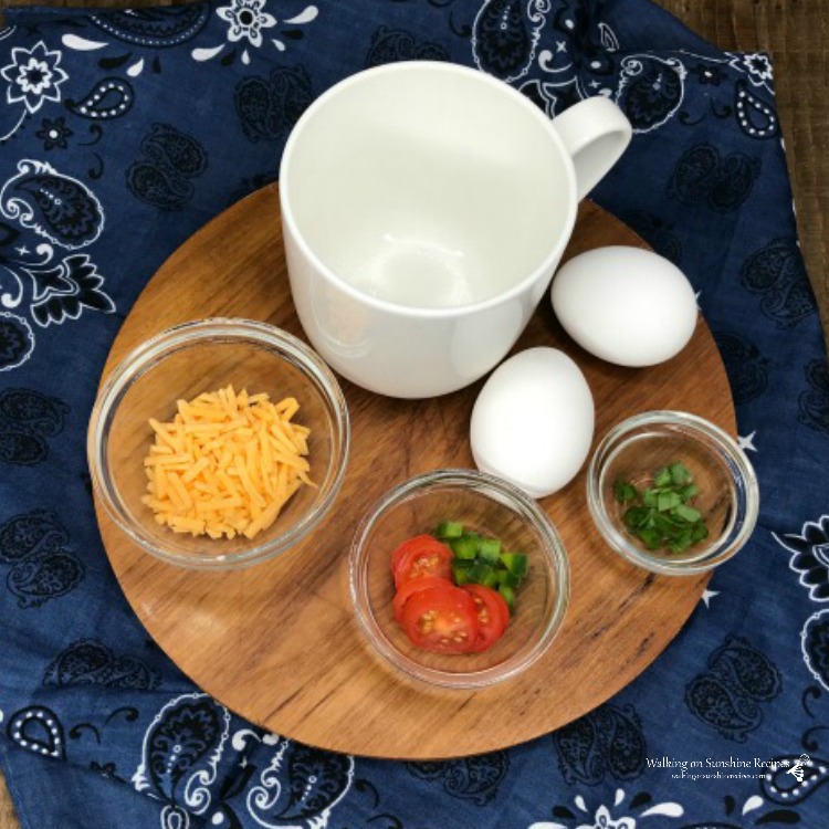 Egg Omelet in a Mug is a keto-friendly breakfast recipe that’s ready in under five minutes from Walking on Sunshine Recipes eggs, cheese, tomatoes, chives