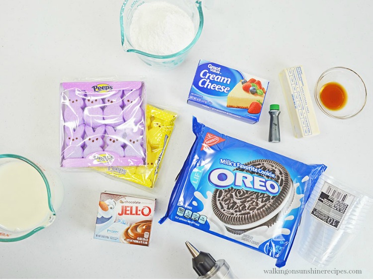Ingredients for the Marshmallow Bunny Peeps Pudding Cups with Oreo Cookie Crumbs from Walking on Sunshine Recipes Ingredients for Marshmallow Bunny Peeps