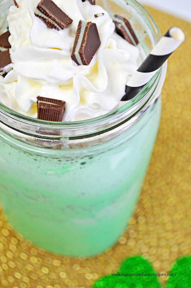 Mint Chocolate Milkshake Closeup with Candy Pieces from Walking on Sunshine Recipes