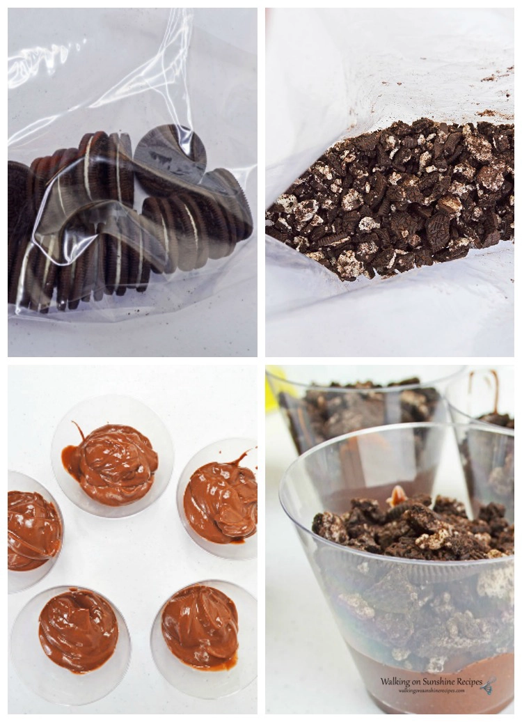 Adding crushed Oreo cookies to the chocolate pudding cups
