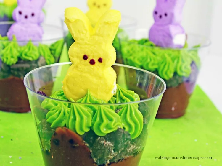 Marshmallow Peeps Pudding Cups with Oreo Cookie Crumbs from Walking on Sunshine Recipes