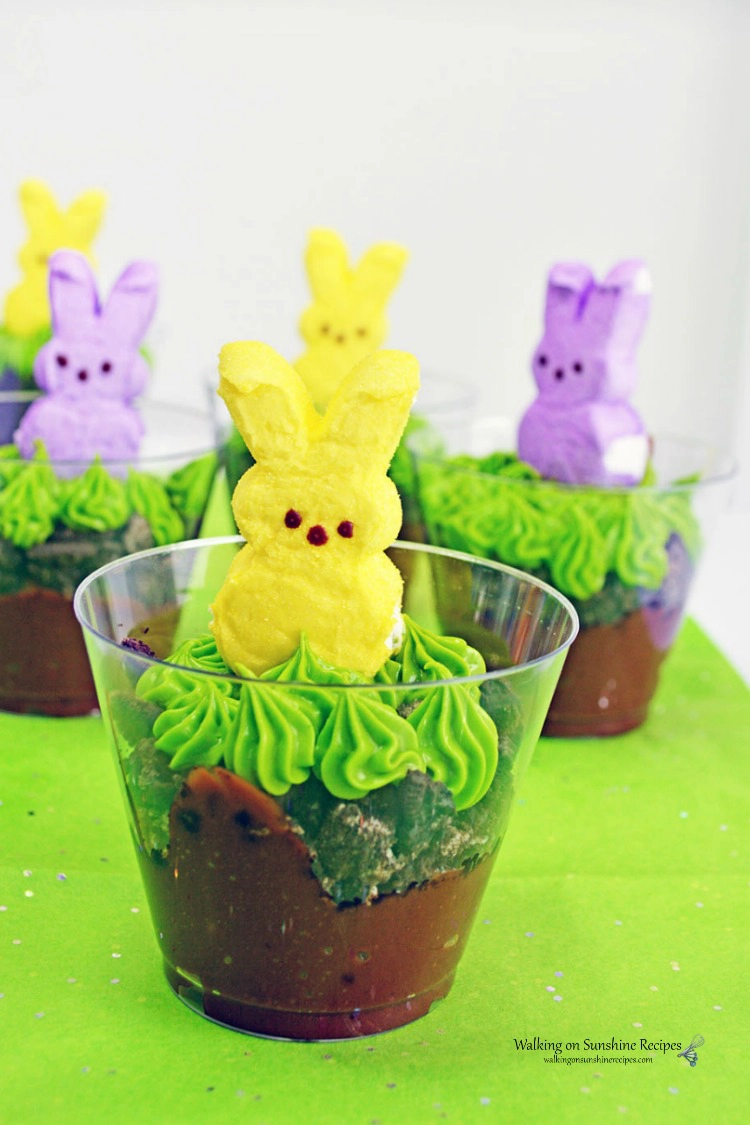 Marshmallow Pudding Peeps in plastic cups ready to be served