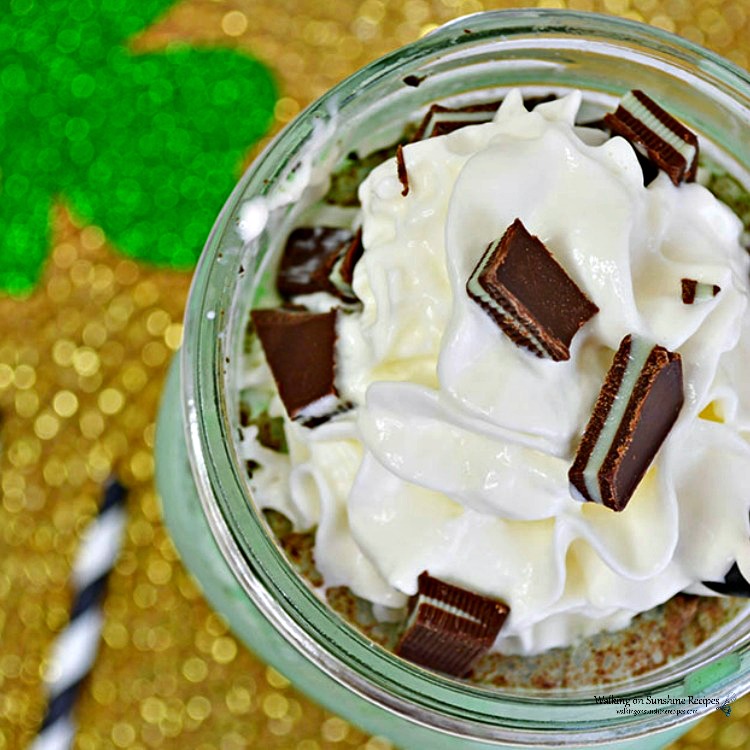 Mint Chocolate Chip Ice Cream Soda with whipped cream and candy pieces view from the top