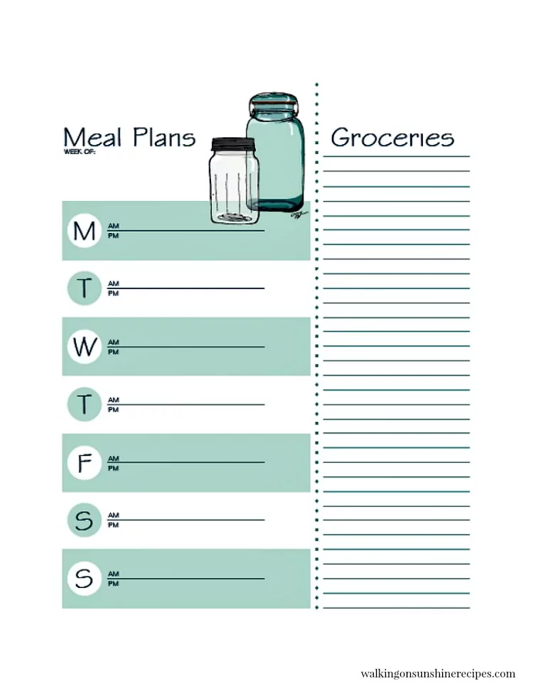 Printable Meal Planner with Grocery List from Walking on Sunshine Recipes. 