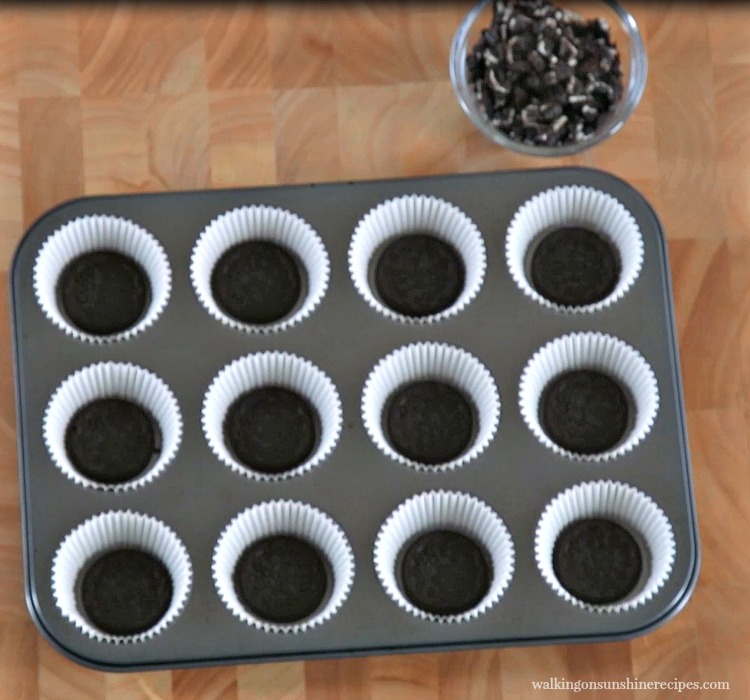 Add Individual Oreo Cookies to the bottom of muffin pan. 