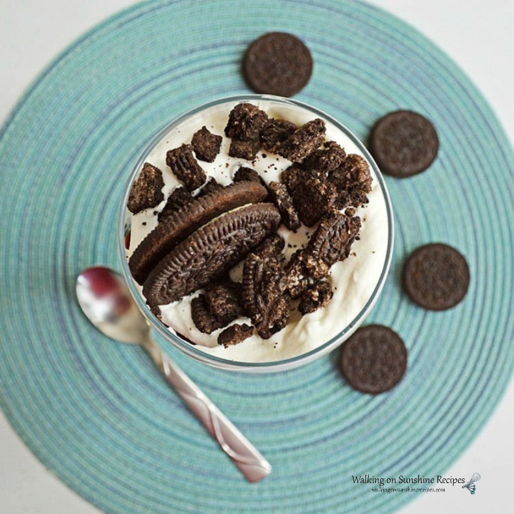 Overhead shot of Chocolate Pudding Parfaits with Oreo cookies