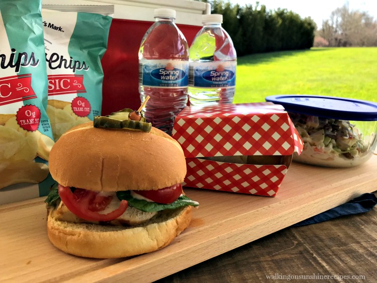 Sándwiches de pollo a la parrilla, papas fritas y botellas de agua para picnic