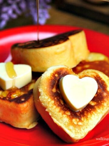 Heart Shaped Pancakes with Butter and Syrup FEATURED photo from Walking on Sunshine Recipes