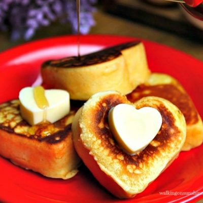 Heart Shaped Pancakes with Butter and Syrup FEATURED photo from Walking on Sunshine Recipes
