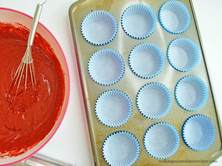 Cupcake Liners in Muffin Pan with Cake Batter for Patriotic Cupcakes