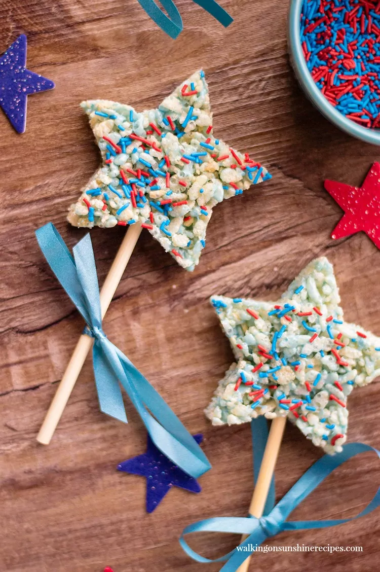 Patriotic Cereal Star Treats decorated with ribbon from Walking on Sunshine Recipes