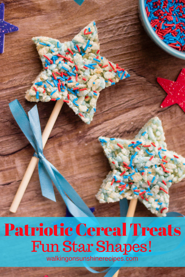Patriotic Cereal Treats in Fun Star Shapes with lollipops and ribbon.