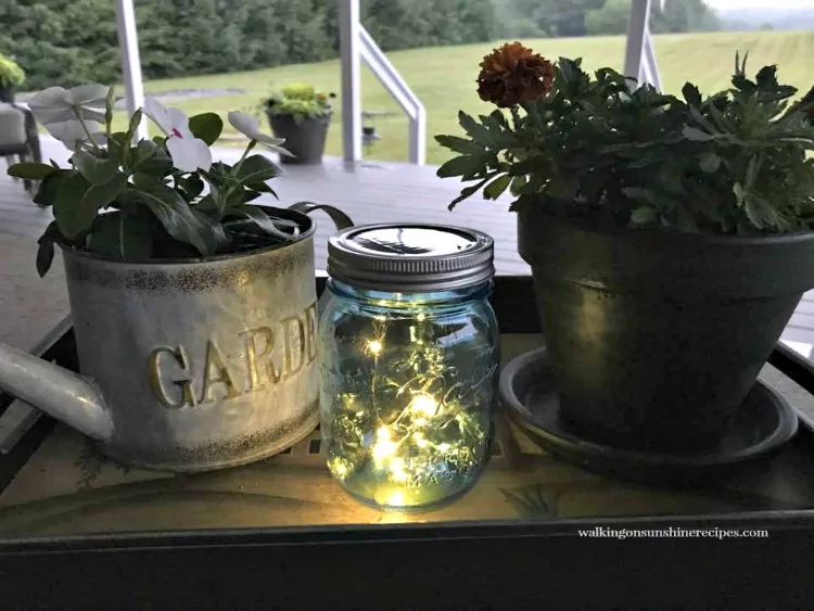 Mason Jar with Solar Fairy Lights and Flowers