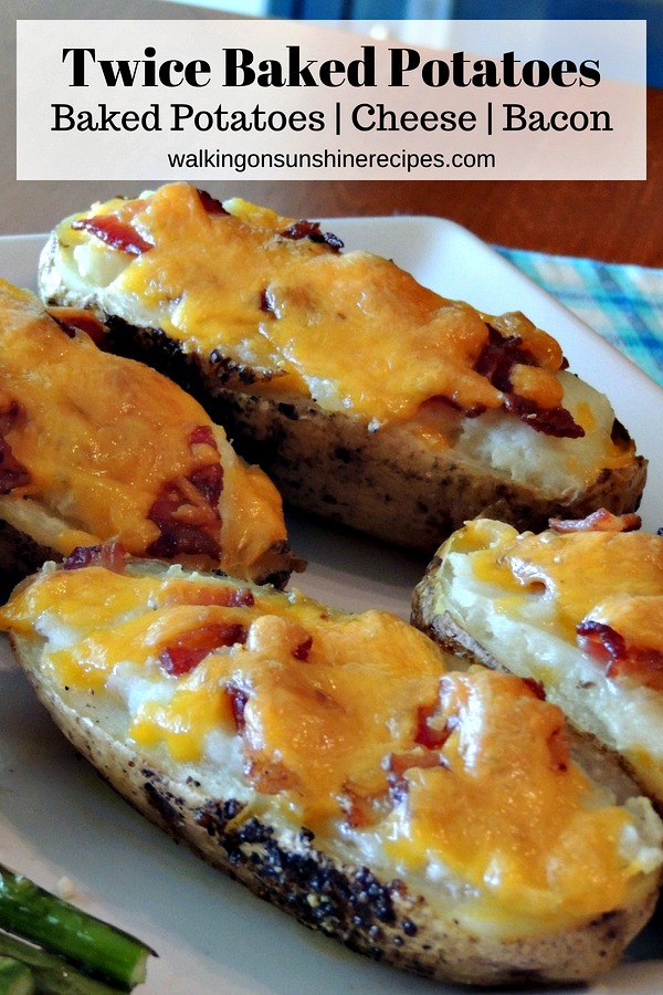 Twice baked potatoes with cheddar cheese and bacon. 