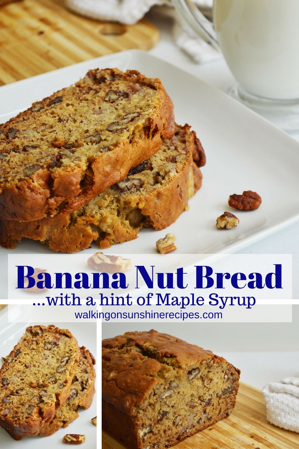 Banana Nut bread sliced on plate and cutting board.