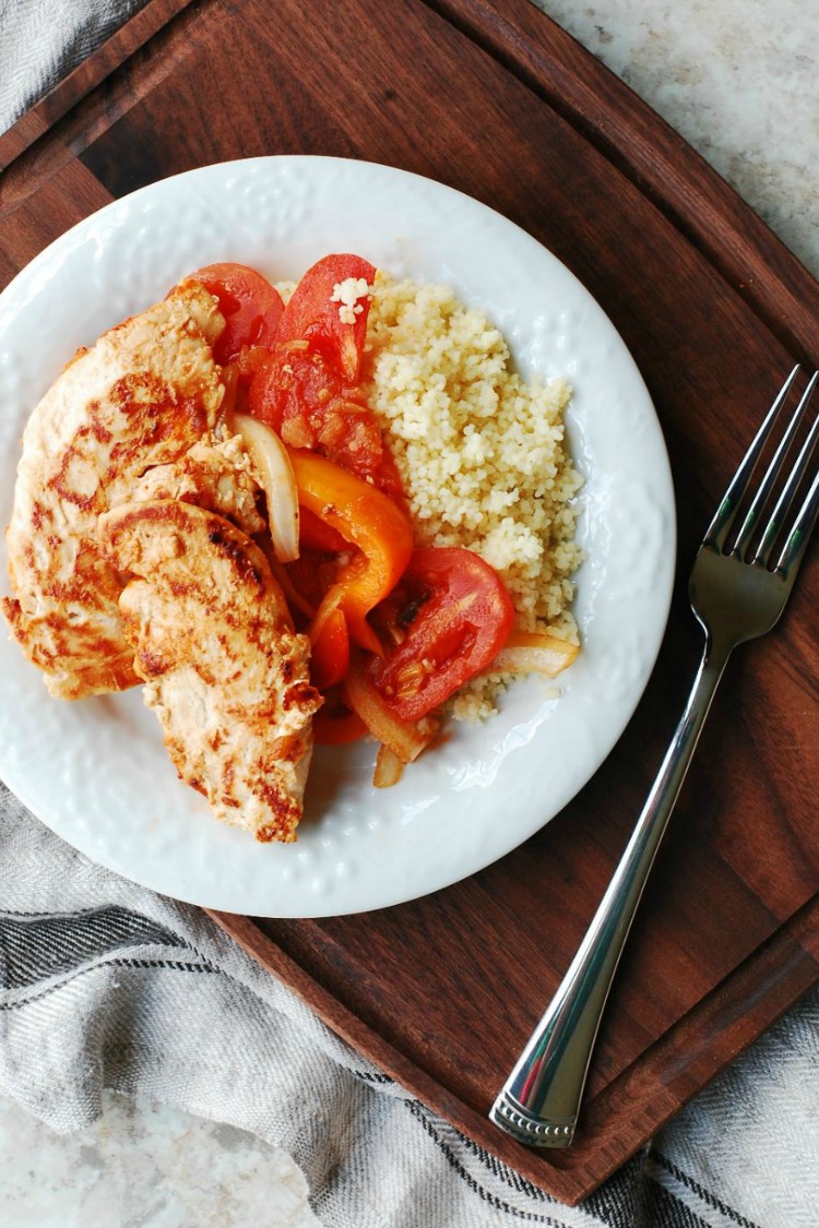 Chicken Rice and Tomato Medley on white plate from Eat at Home