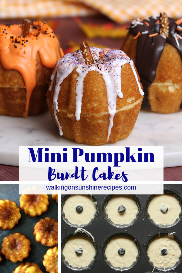 These Mini Pumpkin Bundt Cakes are almost too cute to eat! They're easy to make, adorable and perfect for the fall season. Mini Pumpkin Bundt Cakes with drizzled chocolate and pretzel sticks for stems.