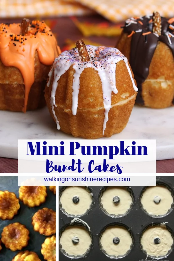 Mini Pumpkin Bundt Cakes with drizzled chocolate and pretzel sticks for stems. 