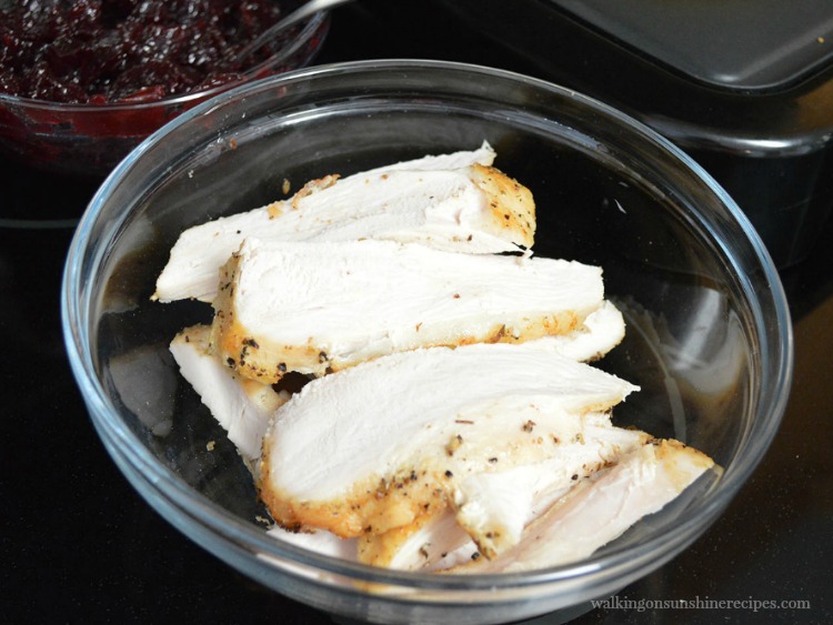 Leftover turkey slices and cranberry sauce for Turkey Slider Sandwiches.