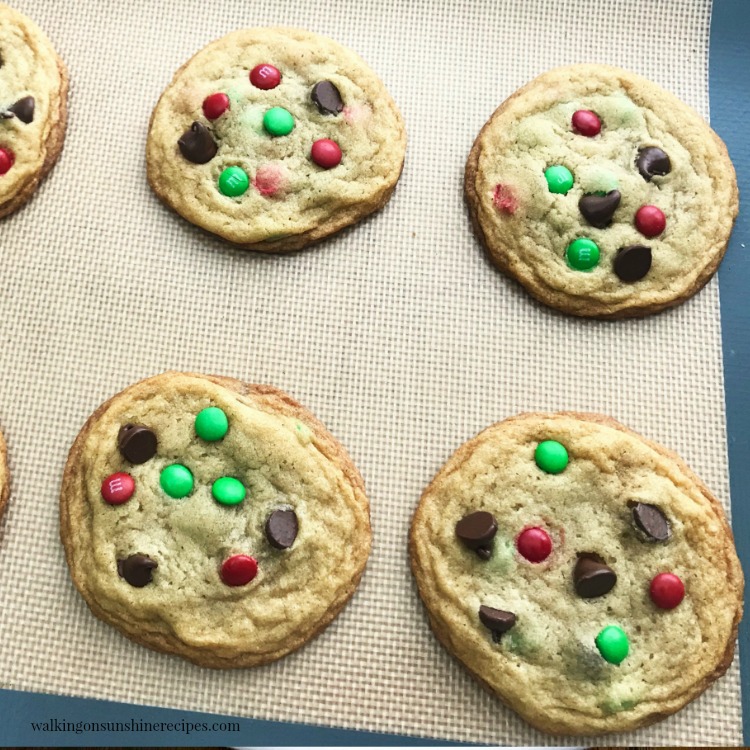 M&M Chocolate Chip Cookies cooling on baking tray. 