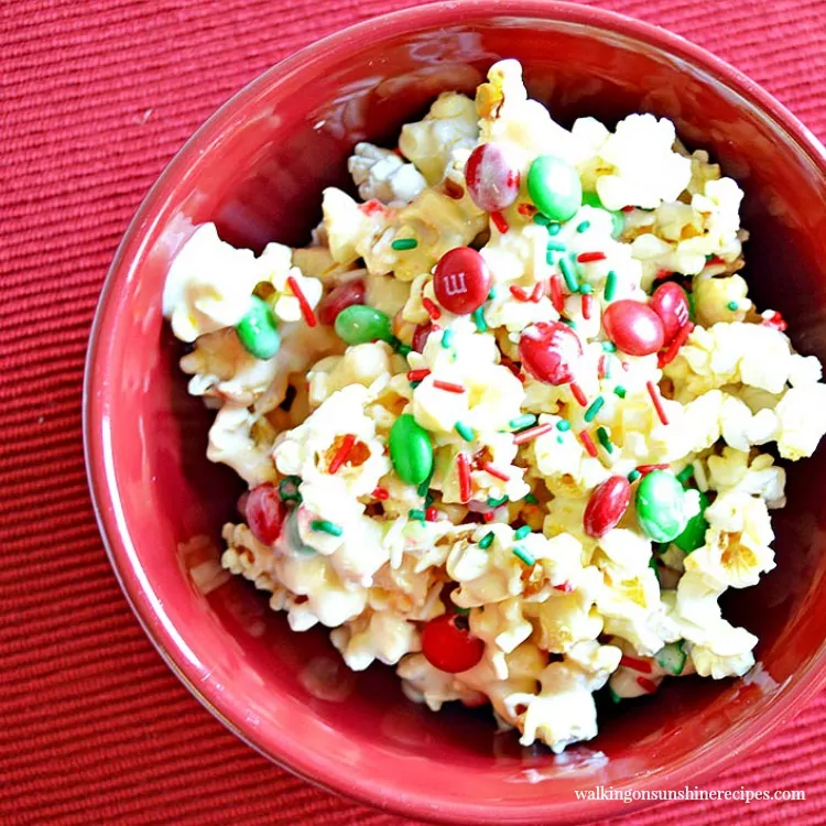 Sweet and Salty Candy Popcorn in red bowl. 