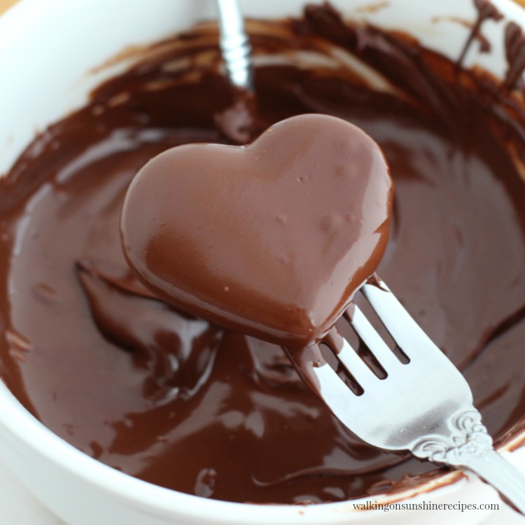 Closeup of peanut butter hearts dipped in chocolate