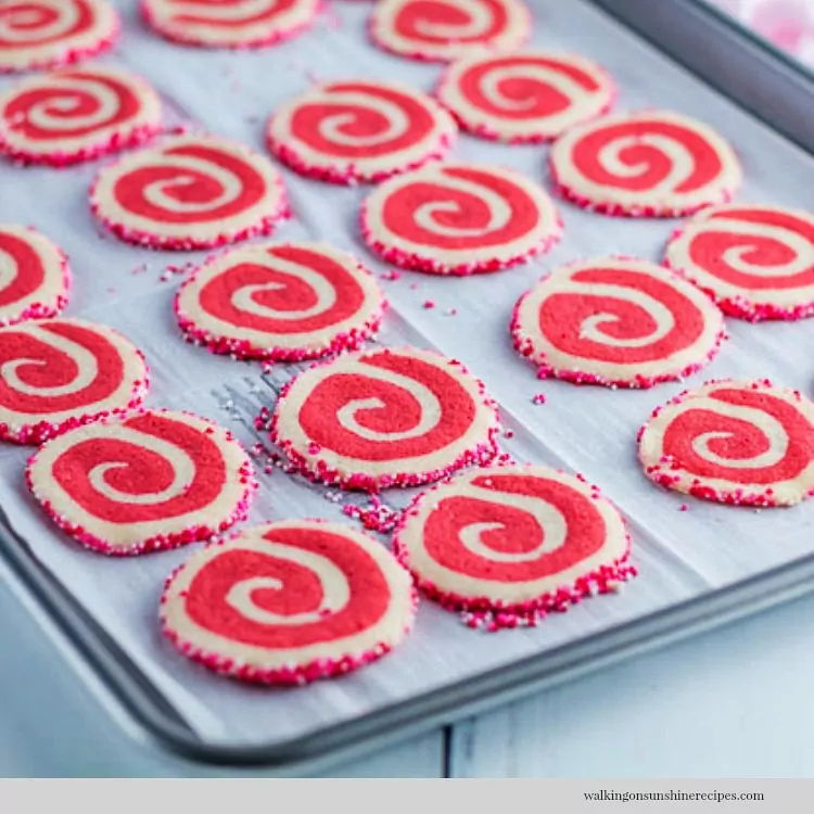 Red Swirl Pinwheel Cookies on Baking Tray
