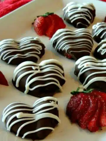 Chocolate Covered Heart Shaped Strawberries with White Chocolate Drizzle