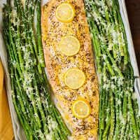 One Pan Roasted Lemon Pepper Salmon and Garlic Parmesan Asparagus