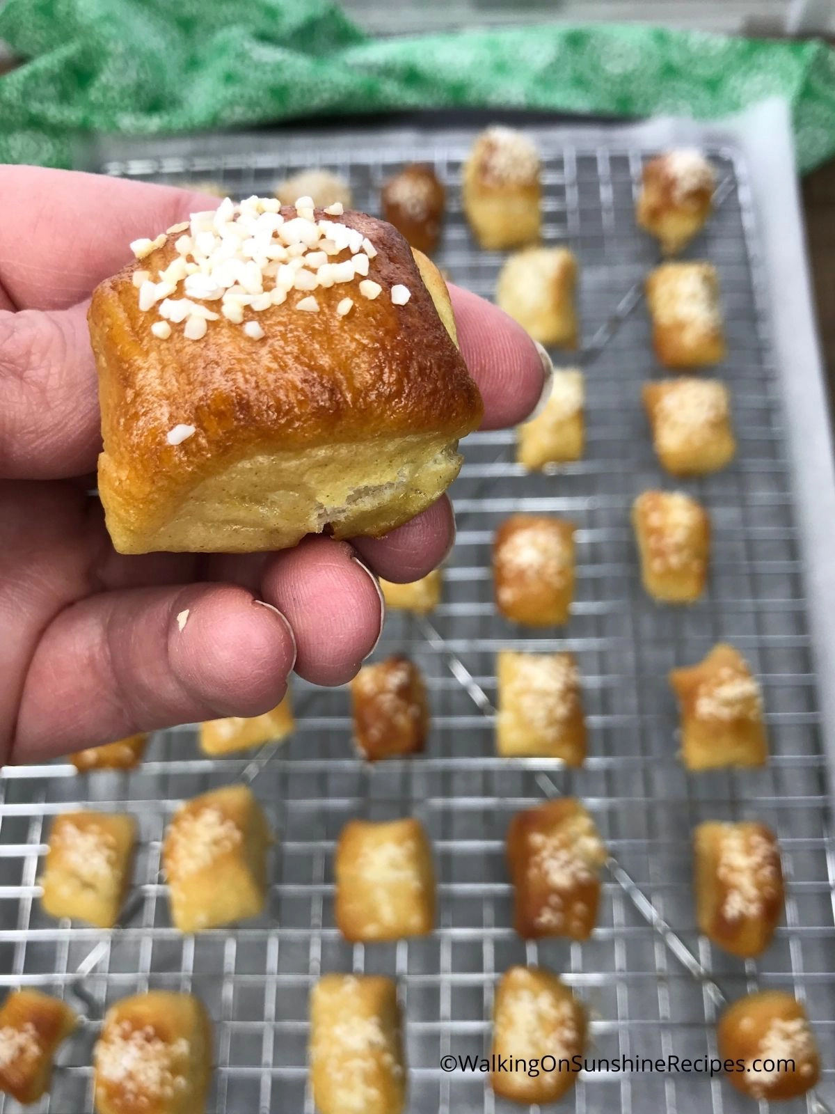 pretzel bites on baking rack. 