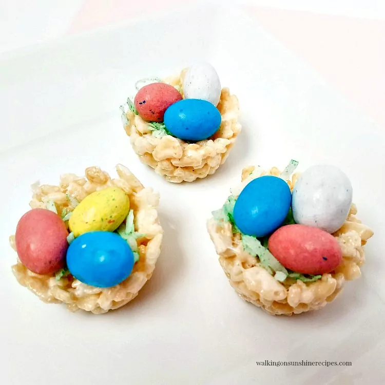 No Bake Rice Krispie Nests with chocolate candy eggs.