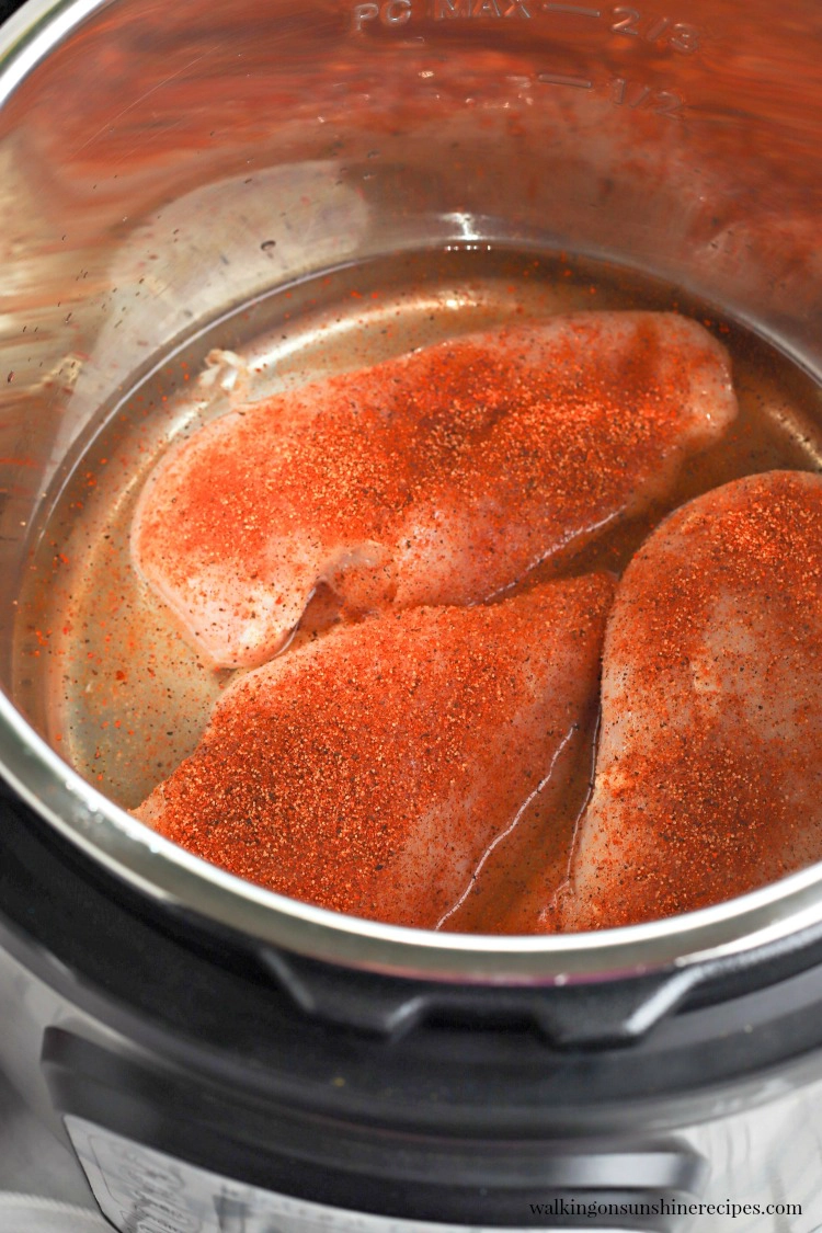 Add seasonings and water to raw chicken breasts in Instant Pot.