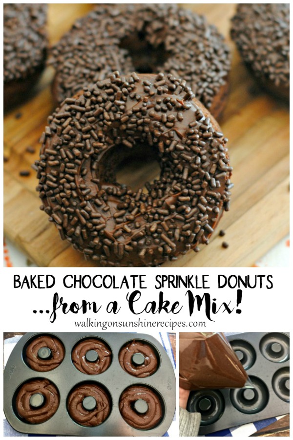 Baked Chocolate Sprinkle Donuts from a Cake Mix from Walking on Sunshine Recipes Baked Chocolate Sprinkle Donuts in 6 hole donut pan.