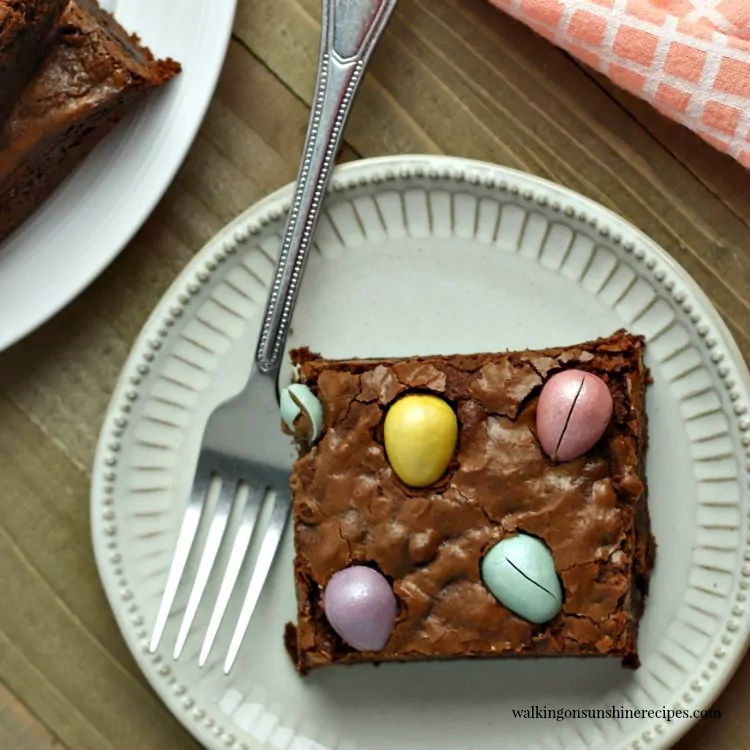 Brownies with Candy Eggs on White Plate