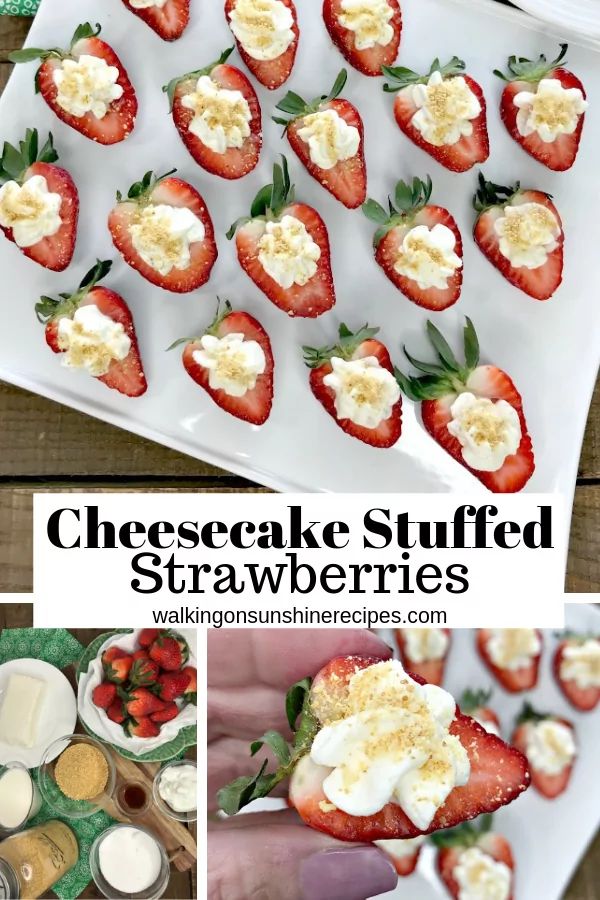 Cheesecake Stuffed Strawberries on white platter with ingredients. 