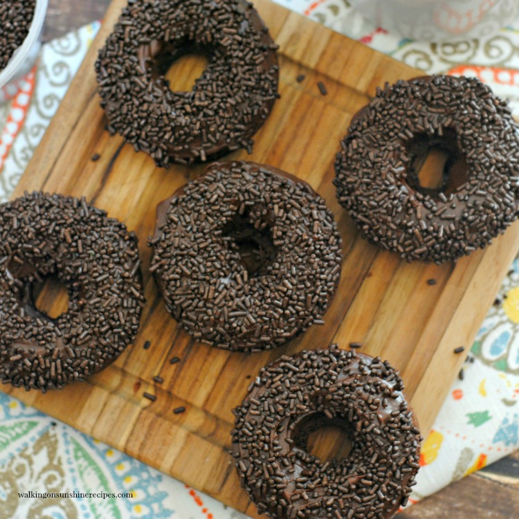 Chocolate Cake Mix Donuts on wooden board.