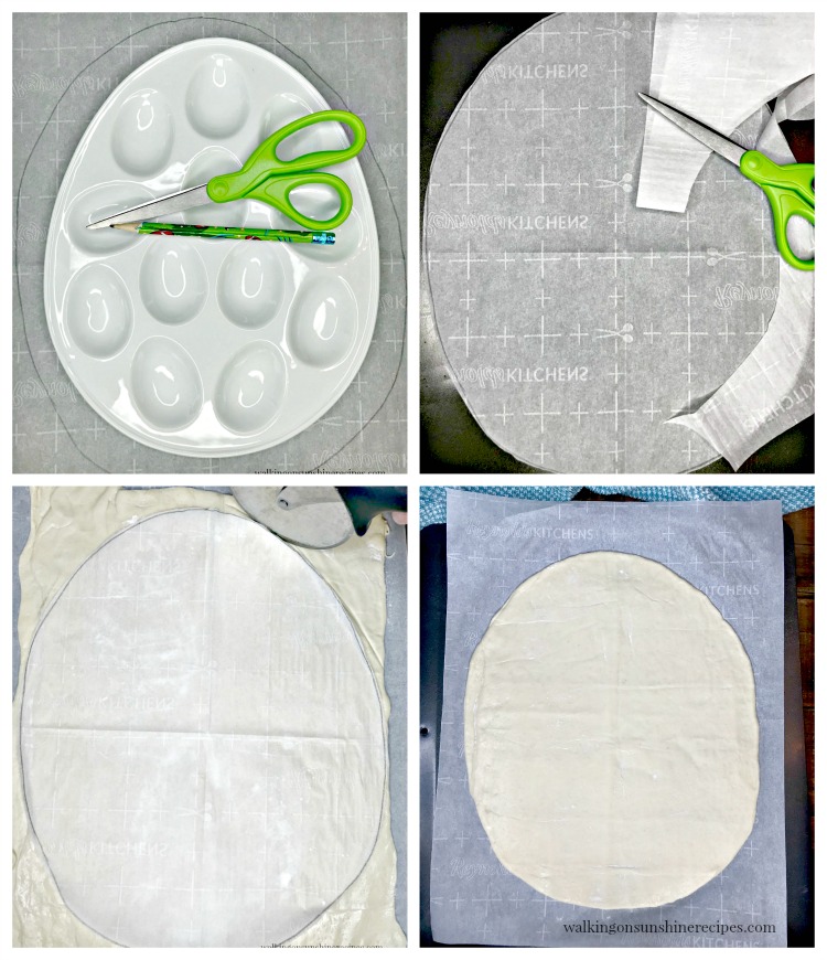 Cutting egg shape out of parchment paper and then pizza dough for Easter Egg Fruit Pizza Dessert from WOS