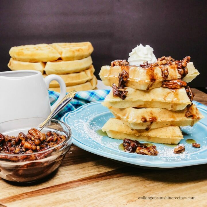 Homemade Fluffy Waffles with Pecan Praline Topping
