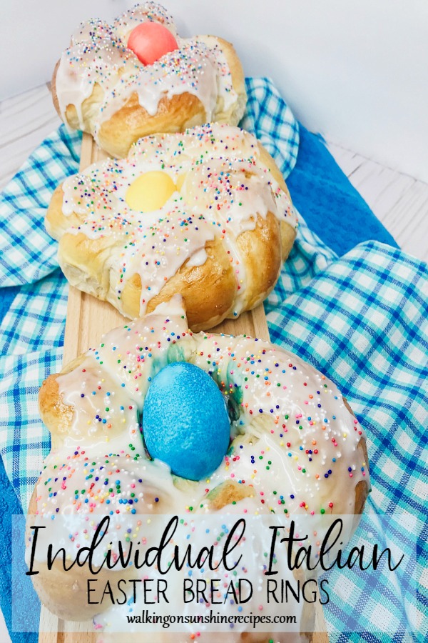 Individual Italian Easter Bread Rings using frozen bread dough are easy to make and decorated with icing, sprinkles and, of course, colored pastel eggs