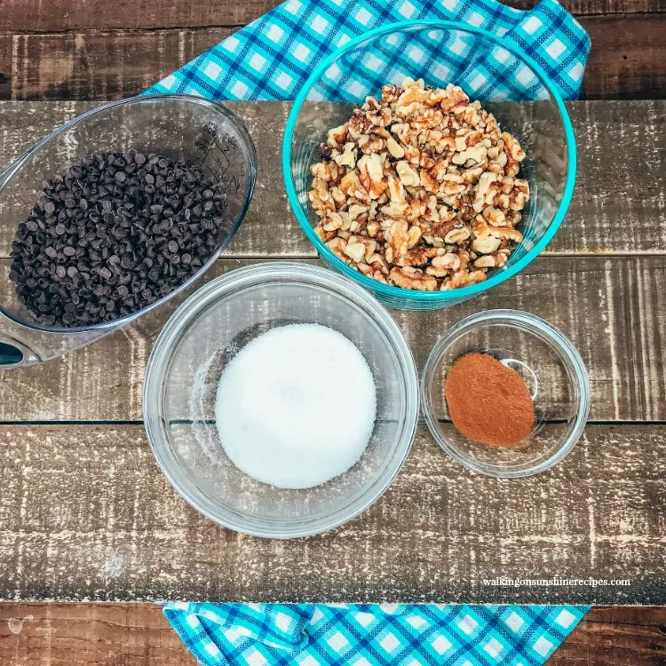 Ingredients for Cinnamon Sugar Streusel Layer with walnuts and mini chocolate chips