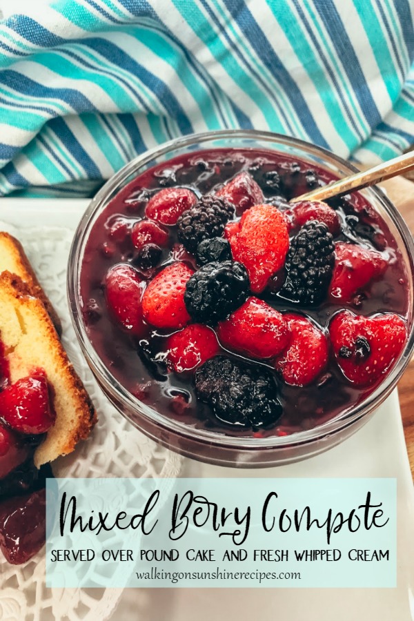 Mixed Berry Compote in bowl made with blackberries, raspberries, strawberries and syrup. 