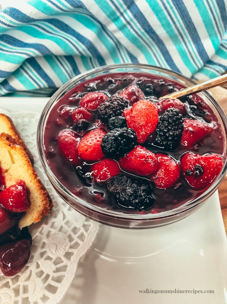 Mixed Berry Compote in bowl with pound cake