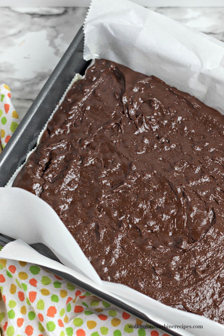 Chocolate Cadbury Egg Brownies from Walking on Sunshine Recipes Pour Brownie Batter into prepared pan lined with parchment paper