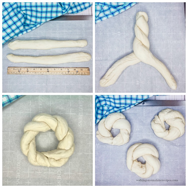 Individual Italian Easter Bread Rings using frozen bread dough are easy to make and decorated with icing, sprinkles and, of course, colored pastel eggs. from Walking on Sunshine Recipes. Shortcut Italian Easter Bread process photos forming the mini loaves from WOS