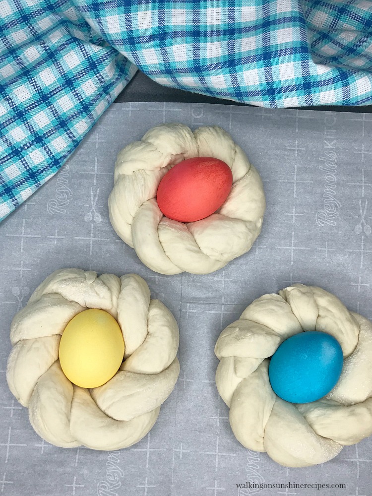 Shortcut Italian Easter Bread with colorful eggs ready to rise from WOS