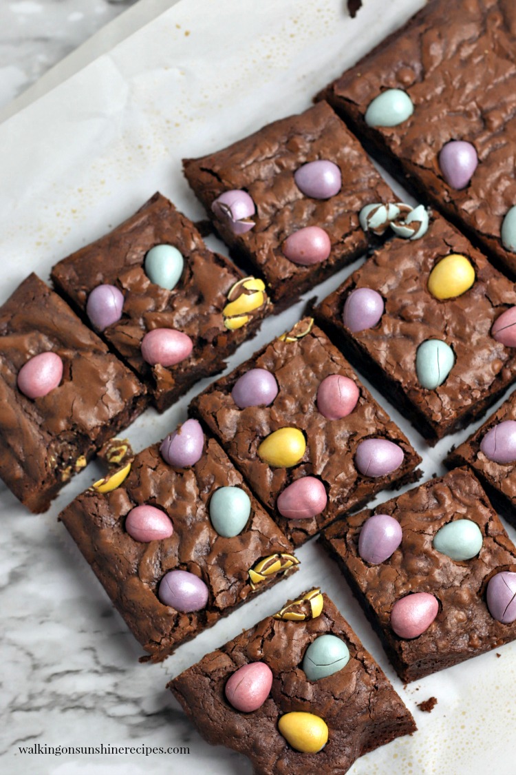 Chocolate Cadbury Egg Brownies from Walking on Sunshine Recipes Sliced Chocolate Cadbury Egg Brownies