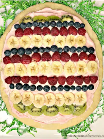 Easter Egg Fruit Pizza on white platter