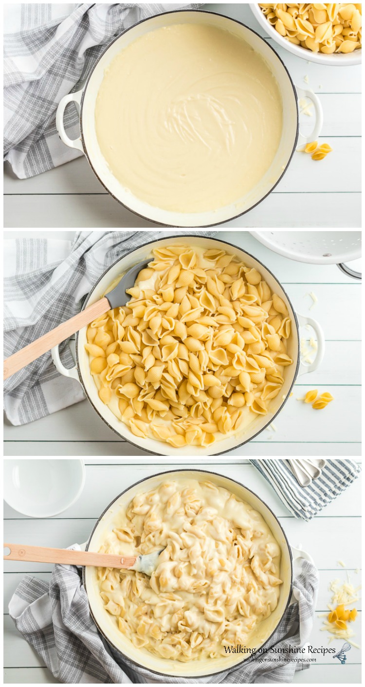 Panera Mac and Cheese Copycat Recipe tastes as creamy and delicious as you've come to love and enjoy...only it's made in your very own kitchen from Walking on Sunshine Recipes. Add pasta shells to cheese sauce for Panera Mac and Cheese Recipe